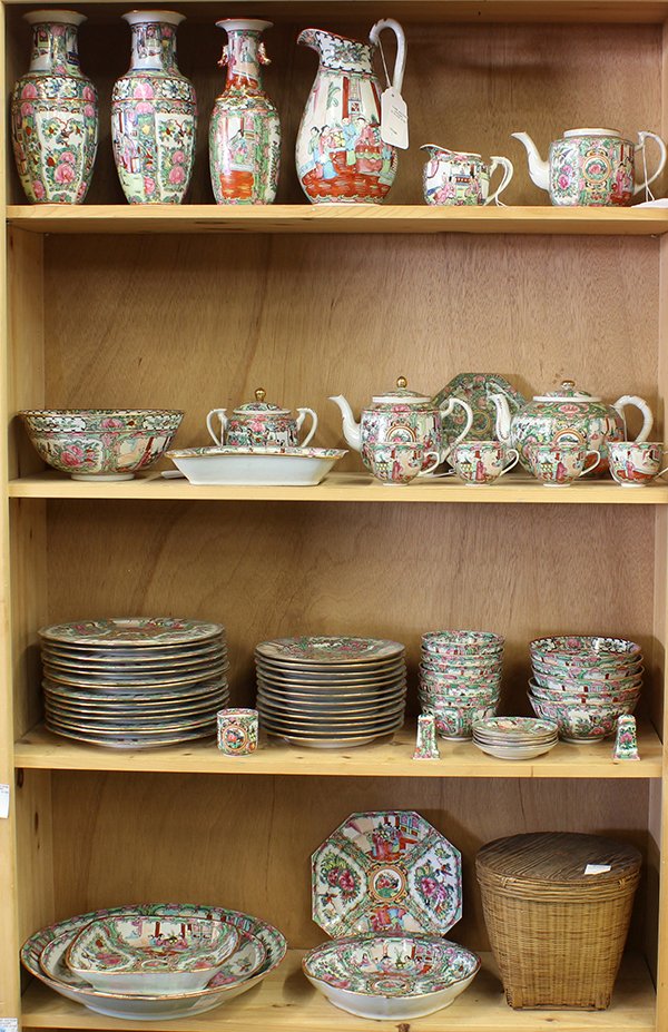 Associated Group of Chinese Rose Medallion: Four shelves of associated Chinese rose medallion porcelain, the dinner service includes plates, bowls, serving dishes, tea set and three vases, largest: 14.5"w