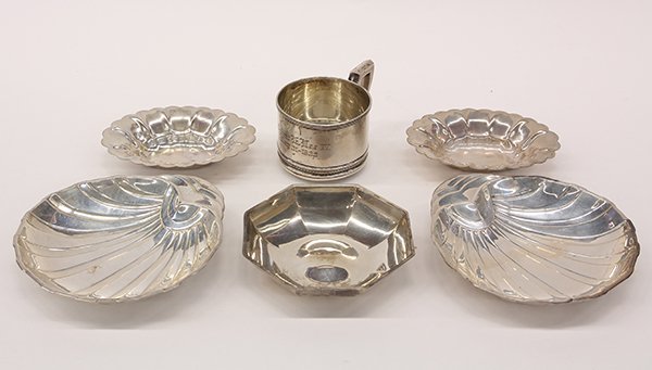 American sterling silver table items , 10.28 troy oz.: (lot of 6) American sterling silver table items including of a pair of shell bowls by F. B. Rogers Silver Company, a small octagonal bowl by Durham, and a baby cup inscribed Robert E. Lee IV May 31, 1