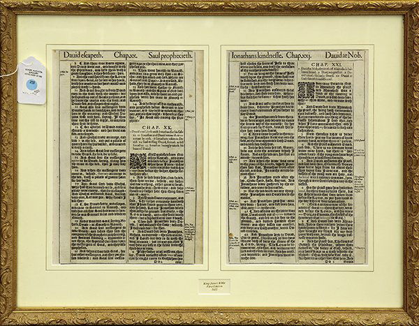 Framed pages of a large folio King James Bible,: Framed pages of a large folio King James Bible, including Samuel chapter 20, with partial texts of Samuel 19 and 21; 22"h x 27"w. Provenance: Unaccessioned items from The Honolulu Museum of Art