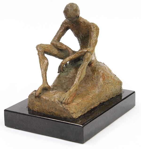 Patinated bronze nude sculpture: Patinated bronze nude sculpture, depicting a seated man with his forearms resting on his upper thigh, signed and dated 'Cantor 2007,' edition 2 of 11, the whole resting on a rectangular marble base, 6