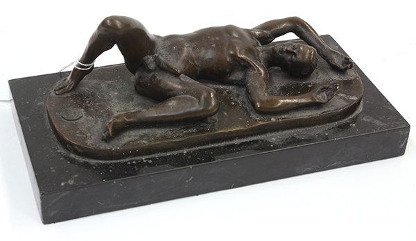 European school erotic bronze sculpture, depicting a: European school erotic bronze sculpture, depicting a nude man laying in repose with his legs casually bent, signed "Wick" on base and having the foundry mark (European Bronze Finery) stamped on base,
