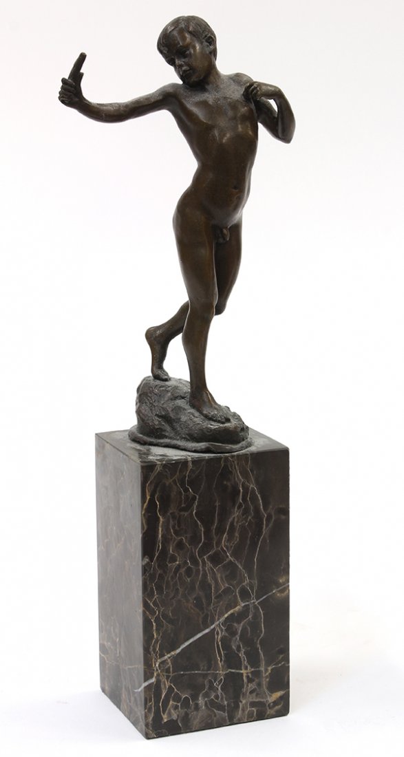 Continental bronze of a nude boy with a slingshot: Continental bronze of a nude boy with a slingshot, marked 'European Bronze Finery,' resting on a marble veneered plinth, 13"h