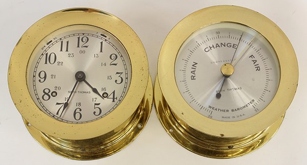 (lot of 2) Seth Thomas brass ship's clock and barometer: (lot of 2) Seth Thomas brass ship's clock and barometer, the clock having a silver dial with painted Arabic letters and a German movement, together with a conforming barometer, 3"h x 5.5"dia