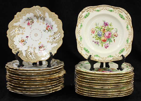 (lot of 24) Continental porcelain plates: (lot of 24) Continental porcelain plates, 19th century, consisting of a set of twelve square plates by Mintons centering a floral bouquet, and having a bas relief floral swag border with green and gil