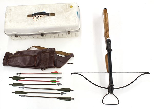 (lot of 11) Crossbow with arrows in carrying case: (lot of 11) Crossbow with arrows in carrying case, together with an associated plastic tool box, bow: 32"l