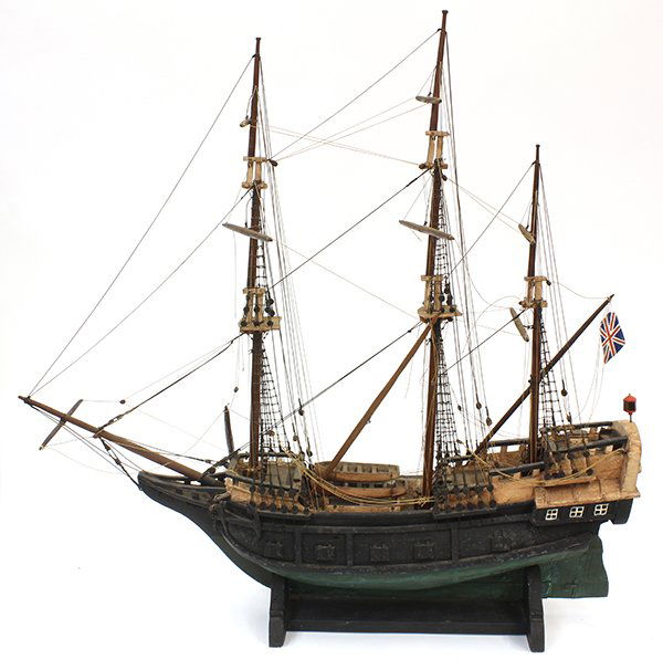 Paint decorated wood model ship of the Mayflower: Paint decorated wood model ship of the Mayflower, flying the British flag, marked "Mayflower" on stern, 25"h x 25"w Provenance: Unaccessioned items from Honolulu Museum of Art, Lending Collection