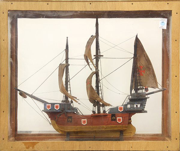 Santa Maria: Santa Maria, 1492 replica ship model, painted in period tones, complete with appropriate rigging, housed in fitted case, 35"h x 30"w x 12.25"d Provenance: Unaccessioned items from Honolulu Museum of A