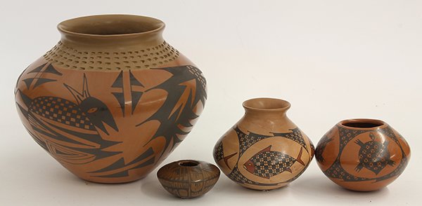 (lot of 4) Mata Ortiz pottery vessels: (lot of 4) Mata Ortiz pottery vessels, by including (2) small vessels by Lupe Soto, one decorated with turtles, the other having repeating geometric designs, another miniature low bowl by Sara Corona,