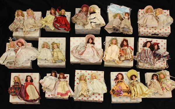 Storybook dolls: (lot of 29) Nancy Ann and other Storybook composition dolls, with original boxes, costumes and stands, 5.5"h
