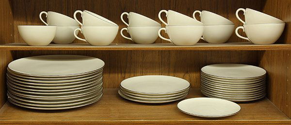 (lot of 41) Lenox porcelain partial table service in: (lot of 41) Lenox porcelain partial table service in the "Olympia PL" pattern, consisting of (12) dinner plates, 10.5"dia., (4) salad plates, (11) dessert plates, (1) bread plate and (13) tea cups