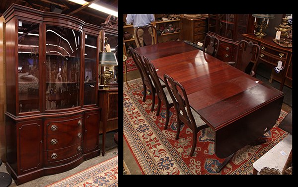 (lot of 8) Duncan Phyfe style mahogany dining suite,: (lot of 8) Duncan Phyfe style mahogany dining suite, consisting of a double pedestal table with (4) leaves, rising on a double pedestal base, 29.5"h x 9'6"w (extended) x 40"d (6) dining chairs rising