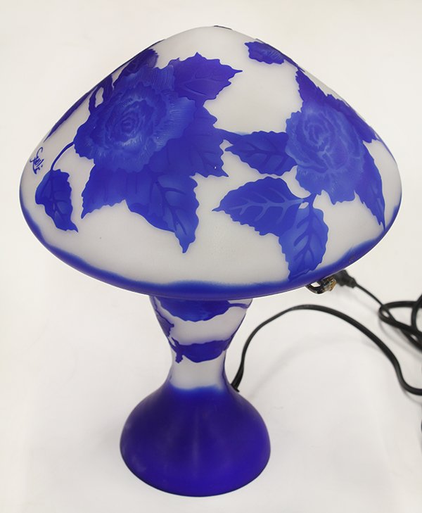Galle style cameo art glass table lamp decorated with: Galle style cameo art glass table lamp decorated with cobalt folaige