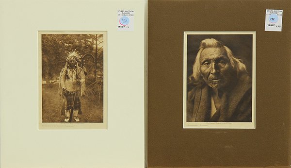 Photographs, Edward Sheriff Curtis: (lot of 2) Edward Sheriff Curtis (American, 1868-1952), "Door-of-Lodge Grizzly Flathead (From Copyright Photograph 1910 by E.S. Curtis)", photogravure, and "Lishhaiahit-Kittitas (From Copyright Photog