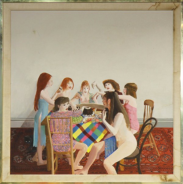 Painting, David Remfry: David Remfry (American/British, b. 1942), "The Birthday Party," oil on canvas, unsigned, overall (with frame): 48.5"h x 48.5"w.