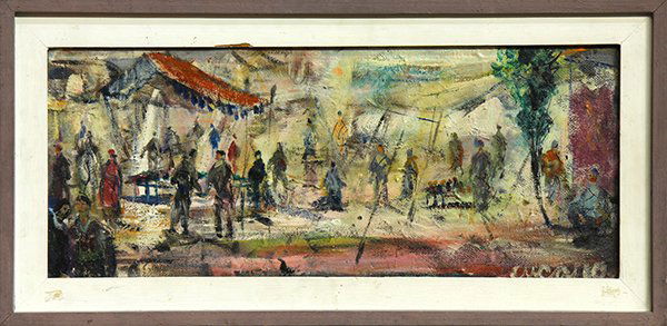 Painting by Pascal Cucaro: Pascal Cucaro (American, 1915-2004), "Fetes de l'ete", oil on board, signed lower right, largest overall (with frame): 13.5''h x 28''w