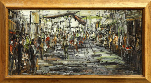 Painting by Pascal Cucaro: Pascal Cucaro (American, 1915-2004), Parisian Street Scene, oil on board, signed lower right, overall (with frame): 19"h x 33.75"w