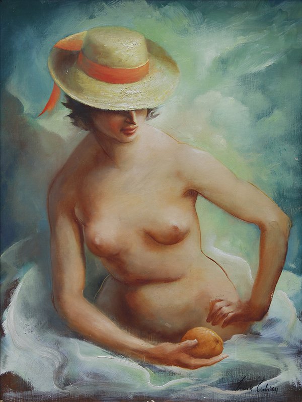 Painting by Frank Nelson Ashley: Frank Nelson Ashley (American, 1920-2007), Sitting Nude, oil on board, signed lower right, board: 24"h x 18"w, overall (with frame): 30.5"h x 24.5"w
