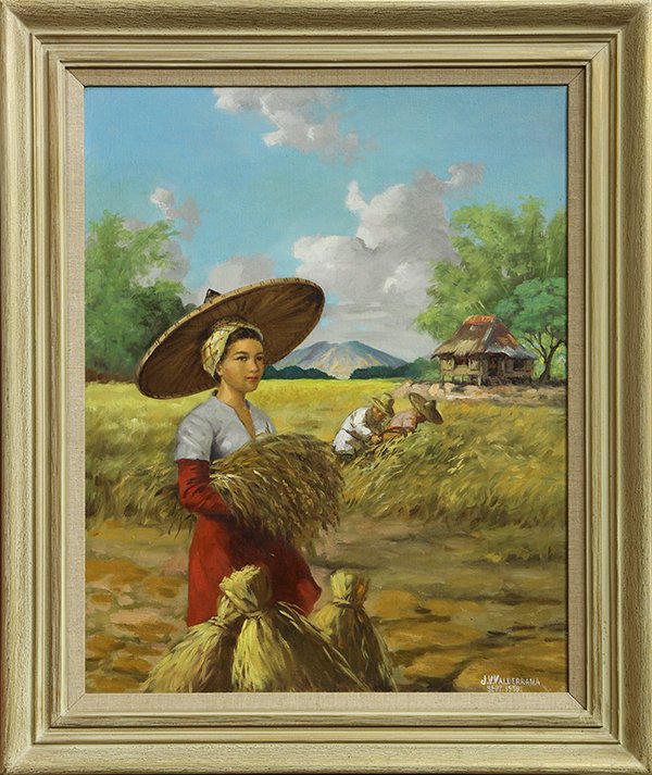 Painting, Continental School: Continental School (20th century), Wheat Harvest, 1959, oil on canvas, signed ''J.V. Valderrama'' and dated lower right, overall (with frame): 35.25''h x 29''w
