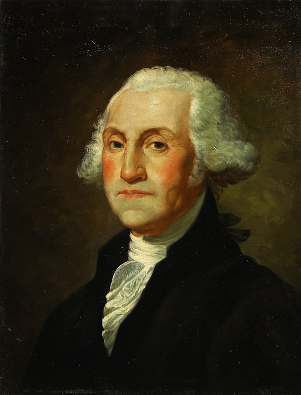 20th century paintings: (lot of 4) After Eanger Irving Couse, ''Portrait of a Standing Indian,''; American School (20th century), Portrait of a Woman, Portrait of Abraham Lincoln and Portrait of George Washington, oil on lin