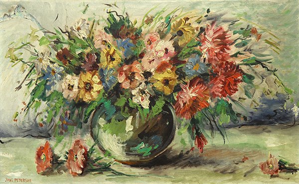 Painting, Still Life with Flowers: American School (20th century), Still Life with Flowers, oil on canvas, signed "Jane Peterson" lower left, canvas (unframed): 20"h x 32"w