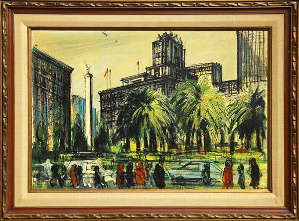 Painting, Follower of Pascal Cucaro: Follower of Pascal Cucaro (American, 1915-2004), Union Square, San Francisco, oil on canvas, signed indistinctly lower right, overall (with frame): 33"h x 44.5"w
