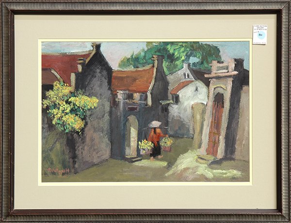 Painting, Vietnamese School (20th century): Vietnamese School (20th century), Figure Walking Through Village with Flowers, gouache, signed indistinctly lower left, overall (with frame): 21"h x 27"w