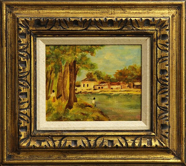 Painting, Continental School (20th century): Continental School (20th century), Fishing on a Quiet Stream, oil on board, unsigned, overall (with frame): 16.5''h x 18.5''w