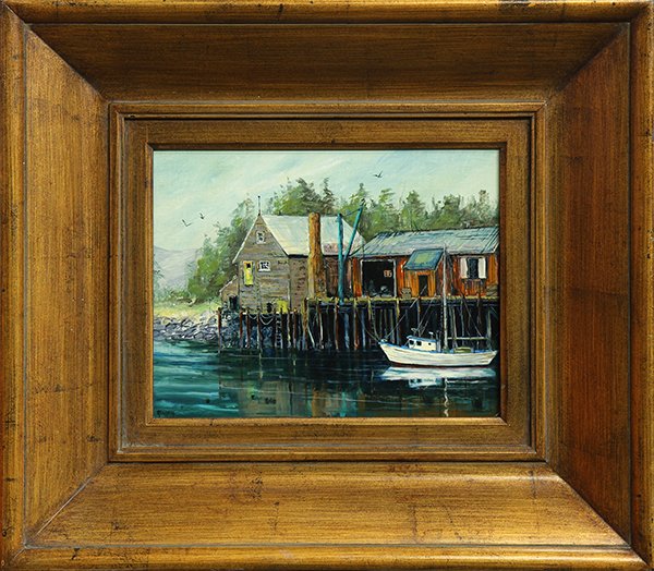 Painting, American School (20th century): American School (20th century), Dorothy Lake, Harbor Scene, oil on board, signed ''Gregory'' lower left, overall (with frame): 22''h x 24.5''w