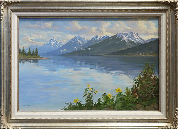 Painting, Mark Ogle: Mark Ogle (American, b. 1952), Lake and Mountain Vista, oil on board, signed lower left, overall (with frame): 27.25"h x 37.25"w