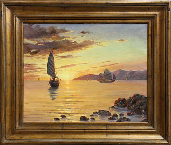 Painting by David Cheng: David Cheng (20th century), Sunset in Hong Kong Harbor, 1959, oil on canvas, signed and dated lower right, overall (with frame): 35''h x 41''w