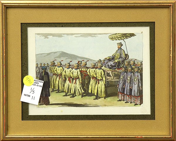 Prints Depicting the Orient: (lot of 5) Continental School (late 19th/early 20th century), Asian Scenes and Middle Eastern Scenes Depicting Men and Women in Native Dress, hand-colored engravings, overall (largest): 11"h x 14.5"w