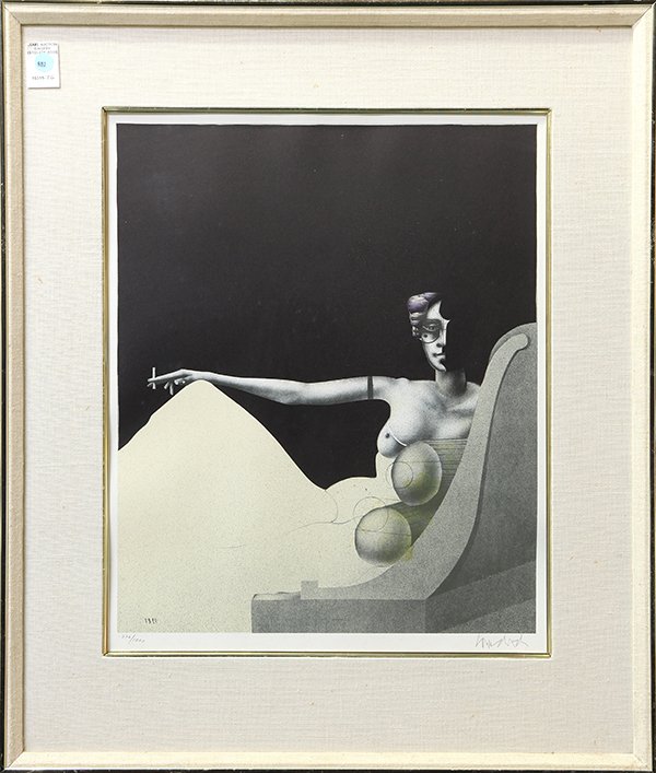 Print, Paul Wunderlich, Surreal Scene: Paul Wunderlich (German, 1927-2010), Surreal Scene with Seated Nude Holding Cigarette, color offset lithograph, pencil signed lower right, edition 776/1000, overall (framed): 30.5"h x 26"w