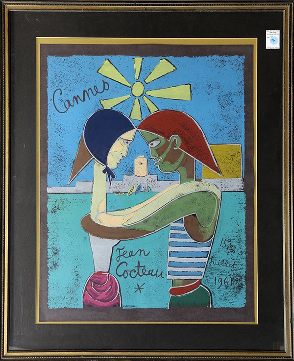 Screenprint, Jean Maurice Eugene Cocteau: Jean Maurice Eugene Cocteau (French, 1889-1963), ''Cannes,'' screenprint, plate signed, overall (with frame): 33.75''h x 27.75''w