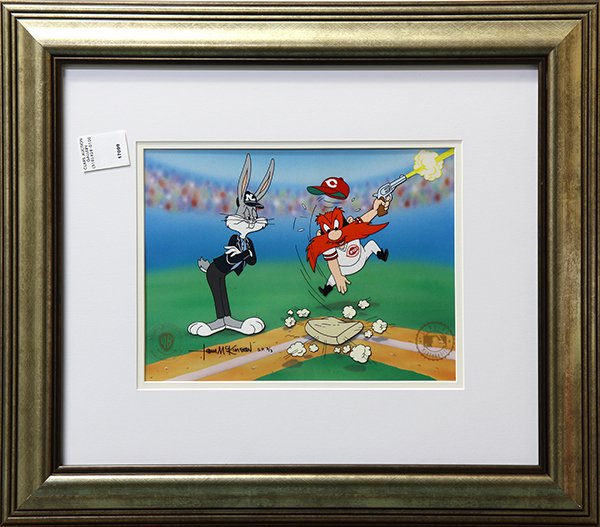 Warner Brothers Animation Cels: (lot of 5) Warner Brothers hand-colored animation cels including, "Bugs, What's Opera, Doc?" 1981, Bugs and Yosemite Sam Play Baseball, Bugs and Elmer Fud Acting, 1988, The Singing Frog, and "We are t