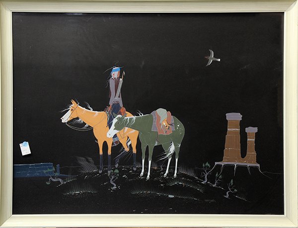Paintings, Robert Chee: (lot of 2) Robert (Hashke-Yil-Cale) Chee (American, 1938-1972), 1961, Indians on Horseback, tempera on black paper, overalls each (with frames): 33.5"h x 43.25"w. Provenance: From the estate of Edward