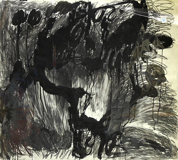 Works on paper by Phe Ruiz: (lot of 2) Phe Ruiz (American, b.1965), Black Abstract (1999) and Yellow and Red, acrylic, watercolor and crayon on paper, each signed and dated lower left, sheet (each unframed): 42''h x 48''w and 36