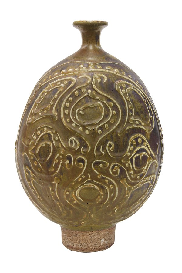 Peter Voulkos (American 1924-2002) earthenware bottle: Peter Voulkos (American 1924-2002) earthenware bottle vase, having a stick neck above the bulbous body with abstract sgraffito decoration, signed 'Voulkos' underside, 18"h x 11"w