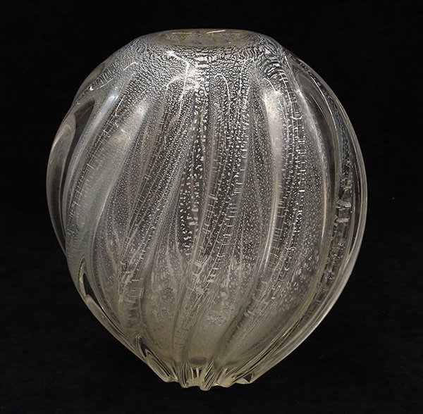 Italian vase, attributed to Barovier: Italian vase, attributed to Barovier, having a ribbed form, executed in clear glass with silver flake inclusions, 12"h