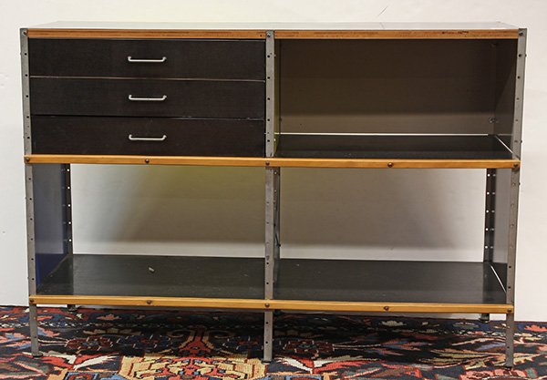 Charles and Ray Eames ESU 200 storage unit for Herman: Charles and Ray Eames ESU 200 storage unit for Herman Miller, circa 1950, executed in birch plywood, zinc-plated steel, and enameled masonite, having a rectangular top above three drawers and three op