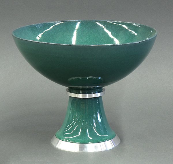 James Lovera pedestal bowl: James Lovera (American, 1920 - ) pedestal bowl, executed in emerald glaze, the circular base accented with metal mounts, signed Lovera, 7.5"h. Provenance: From the estate of Edward Gerber