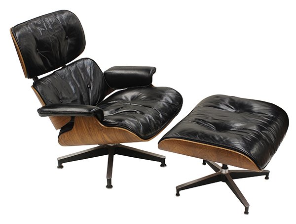 Charles and Ray Eames for Herman Miller model 670 and: Charles and Ray Eames for Herman Miller model 670 and 671 lounge chair and ottoman, circa 1969, each having a rosewood frame with tufted black leather upholstery covering the down insert and rising on