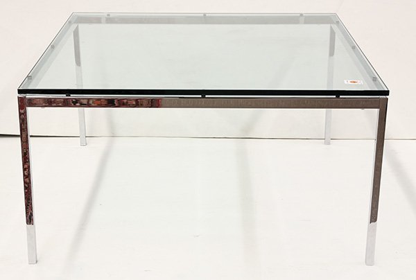 Florence Knoll for Knoll: Florence Knoll for Knoll, occasional table, the plate glass top above a chrome base rising on square legs, marked Florence Knoll Studio, 19"h x 35.5"w