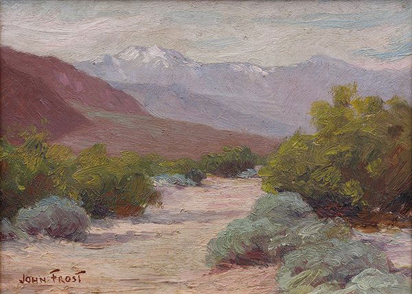 Painting, John Frost: John Frost (American, 1890-1937), Palm Springs Desert, oil on canvas board, signed lower left, sight: 7"h x 9.75"w, overall (with frame): 11.5"h x 14.25"w