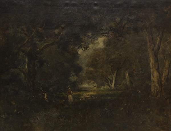 Painting, William Keith: William Keith (American, 1838-1911), "Forest Clearing (Woman in Red)," oil on canvas, signed, gallery and museum title labels affixed verso, canvas: 47"h x 56.75"w, overall: 47"h x 57"w