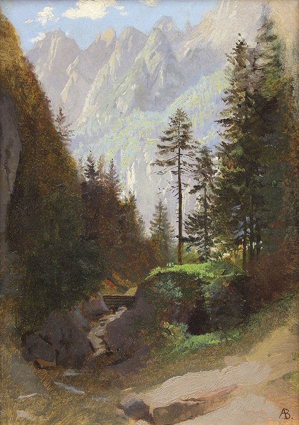 Painting, Albert Bierstadt: Albert Bierstadt (American, 1830-1902), Mountain Vista, oil on paper (laid down), initialed lower right, paper: 11.75"h x 8.75"w, overall (with period frame): 19.25"h x 16"w