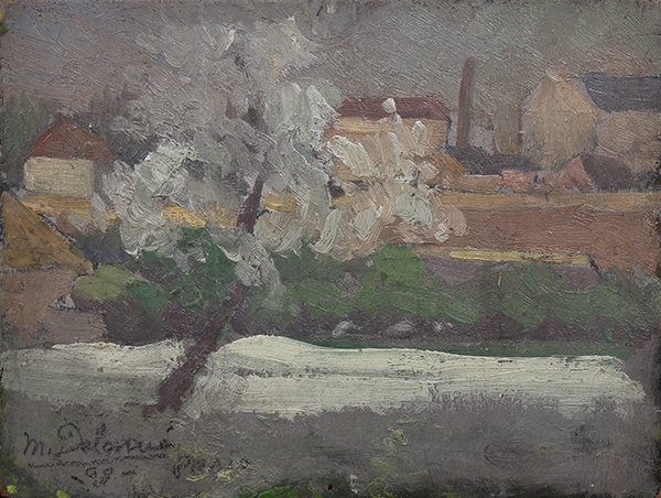 Painting, Maurice August Del Mue: Maurice August Del Mue (American, 1875-1955), "Paris (1898)," oil on board, signed and dated lower left, board: 5.5"h x 7"w, overall: 12.25"h x 13.75"w. Provenance: Property of Xavier and Micaela Mart