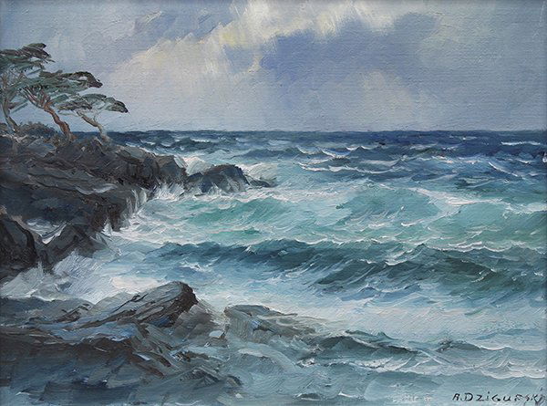 Painting, Alexander Dzigurski: Alexander A. Dzigurski (American, 1911-1995), Waves, oil on canvas, signed lower right, stamped verso, canvas: 12"h x 16"w, overall (with frame): 17"h x 21"w