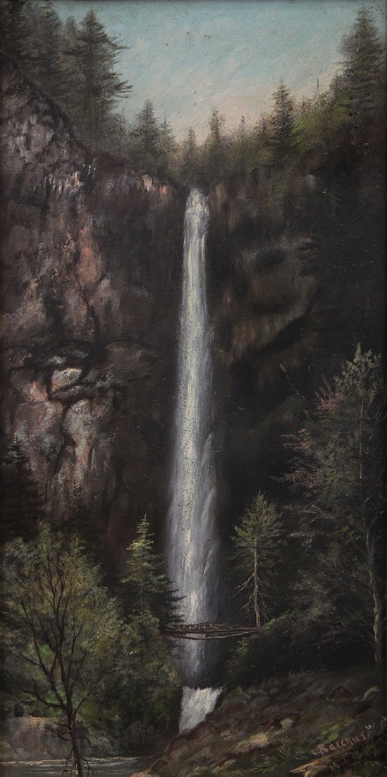 Painting, Eliza Rosanna Lamb Barchus: Eliza Rosanna Lamb Barchus (American, 1857-1959), "Multnomah Falls," oil on board, signed lower right, titled verso, board: 19"h x10"w, overall (with period frame): 26.75"h x 17.5"w