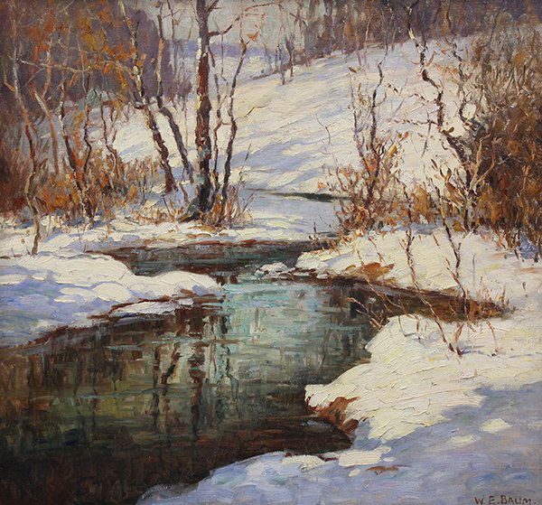 Painting, Walter Baum: Walter Emerson Baum (American, 1884-1956), Snow on the Creek, oil on canvas, signed lower right, canvas: 32"h x 34"w, overall (with frame): 35"h x 37.5"w