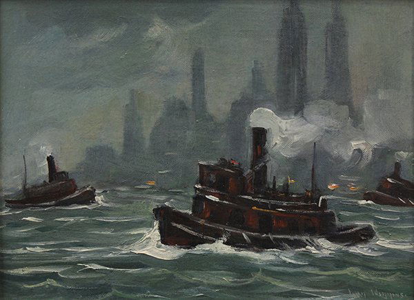 Painting, Guy Carleton Wiggins: Guy Carleton Wiggins (American, 1883-1962), New York Harbor with Tug Boats, oil on canvas board, signed lower right, board: 9"h x 12"w, overall (with frame): 16.5"h x 19.25"w